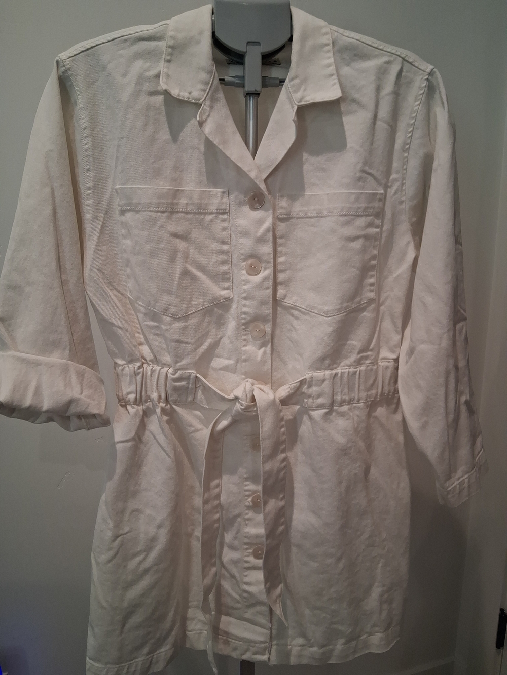 Zara White Button-Front Denim Shirt Dress with Waist Tie 100% Cotton Size M